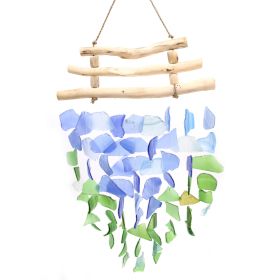Handmade Glass & Driftwood Wind Chime – Tree Stick | Blue & Green