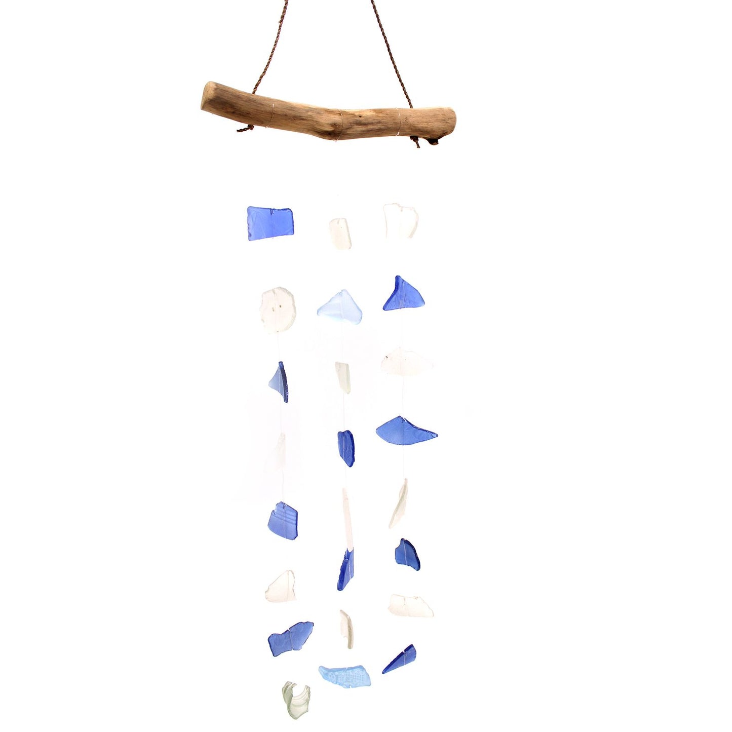 Handmade Glass & Driftwood Wind Chime – Tree Drop | Blue & White