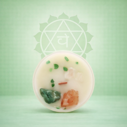 Herzchakra-Kristallkerze – Rosenquarz &amp; grüne Jade | Rosenmoschus