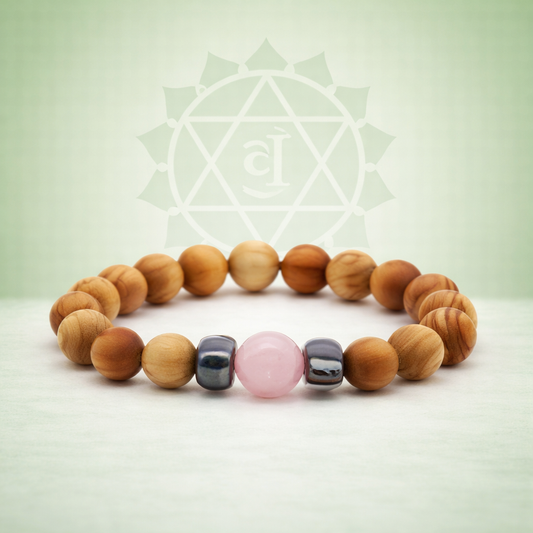 Herzchakra-Armreif aus Zedernholz mit Rosenquarz