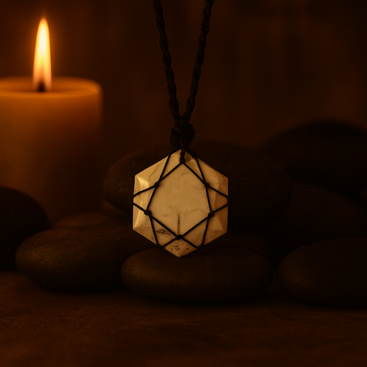 Sechseckiger Anhänger mit Zierspitze aus Edelstein – Weißer Howlith