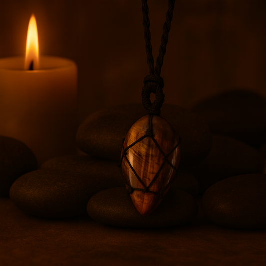 Tropfenförmiger Anhänger mit Edelsteinbesatz – Tigerauge (Naturstein)