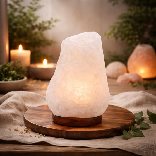 Himalaya-Salzlampe aus Kristallgestein mit Holzsockel