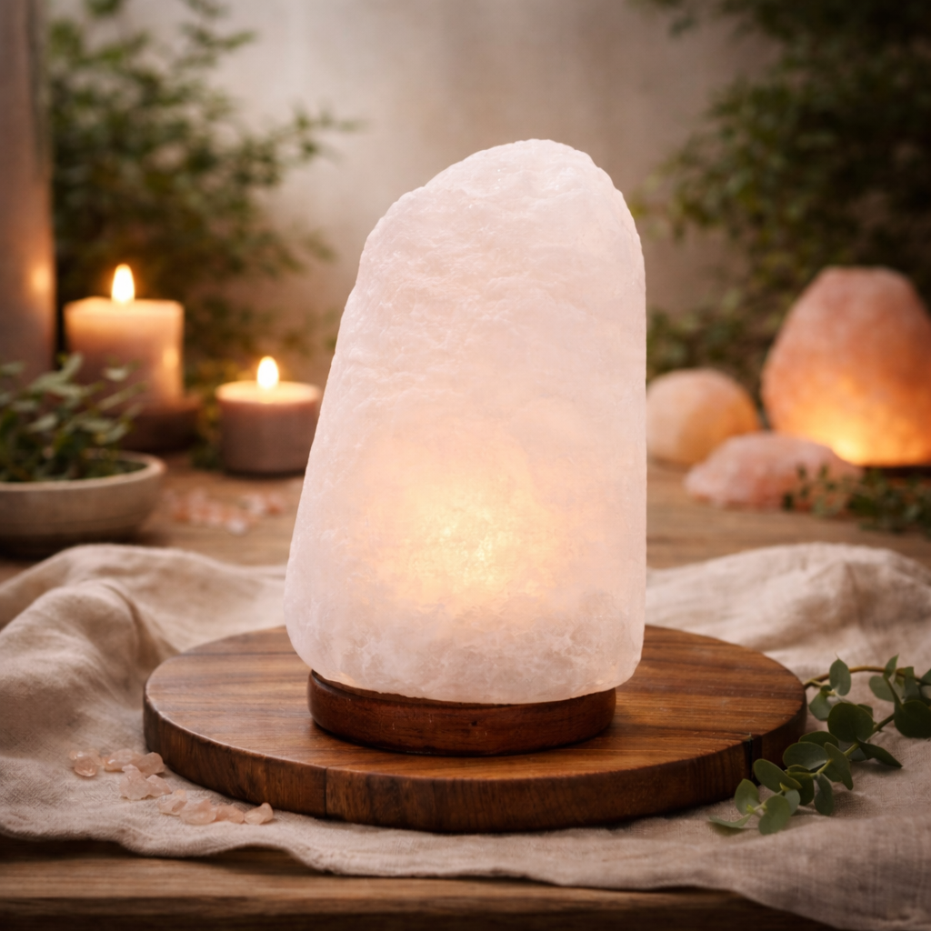 Himalaya-Salzlampe aus Kristallgestein mit Holzsockel