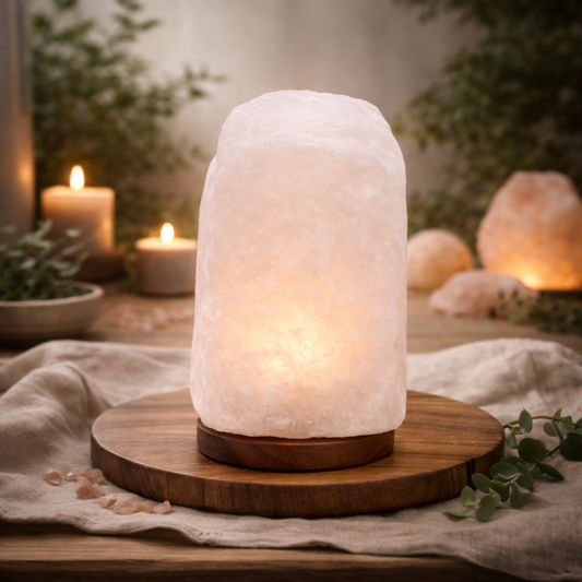 Himalaya-Salzlampe aus Kristallgestein mit Holzsockel