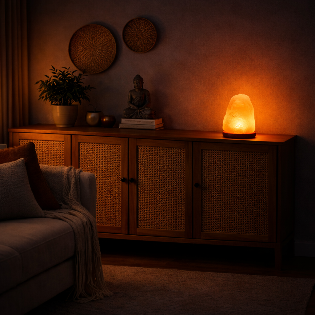 Himalaya-Salzlampe aus Kristallgestein mit Holzsockel