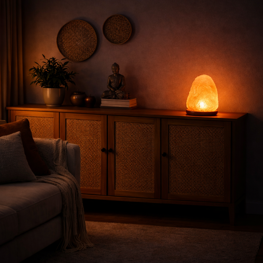 Himalaya-Salzlampe aus Kristallgestein mit Holzsockel