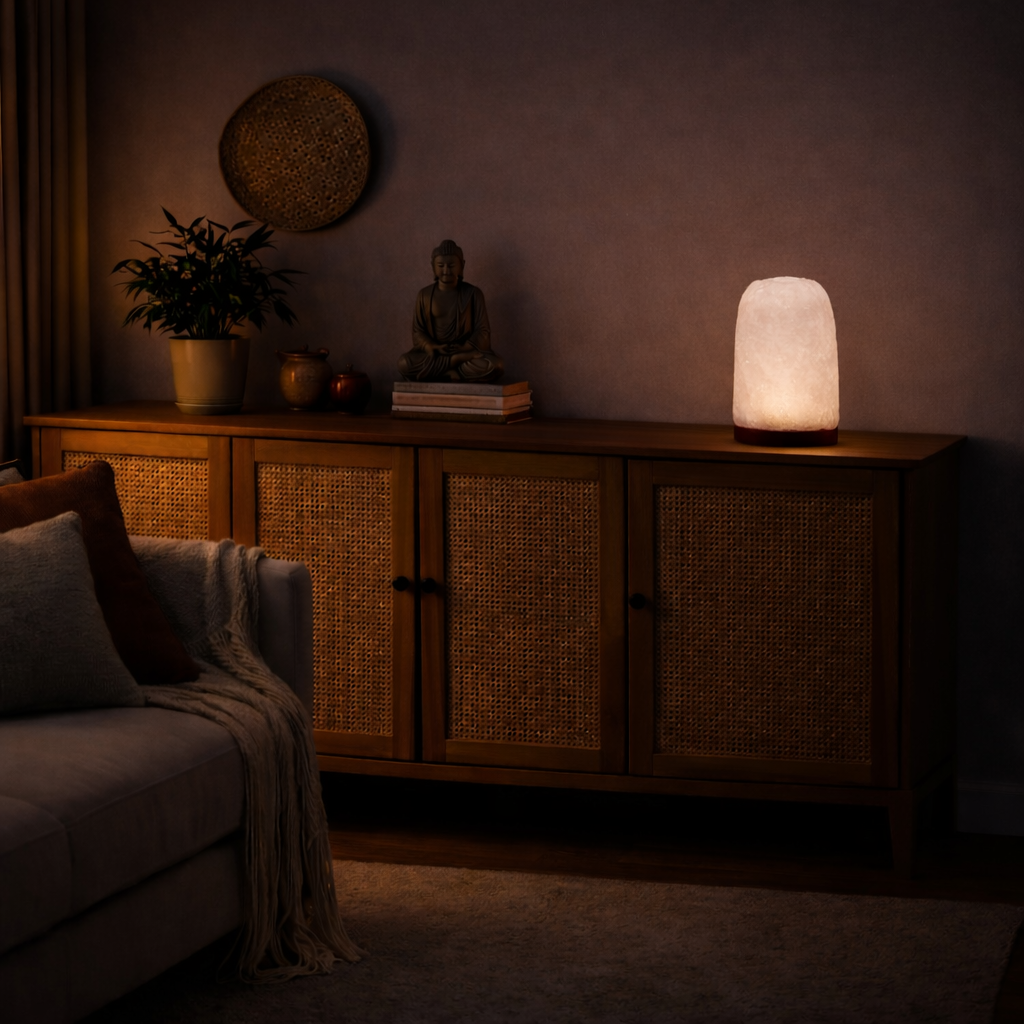 Himalaya-Salzlampe aus Kristallgestein mit Holzsockel