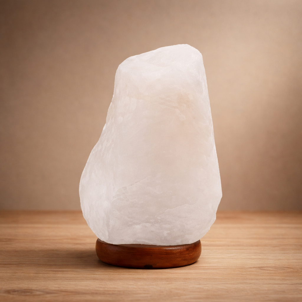Himalaya-Salzlampe aus Kristallgestein mit Holzsockel