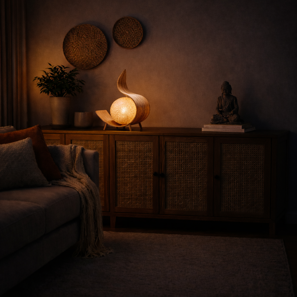 Tischleuchte aus Kokosnussblatt – Handgefertigtes Naturdesign