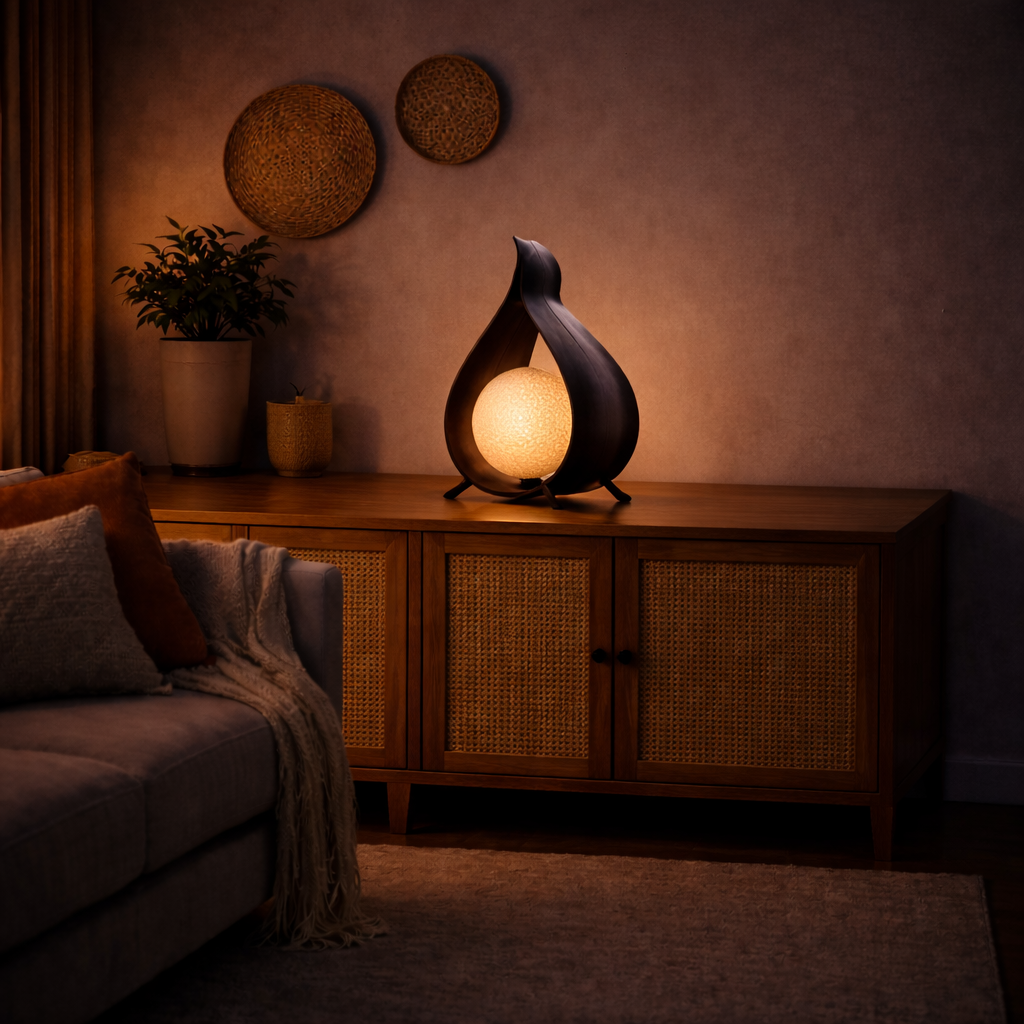 Tischleuchte aus Kokosnussblatt – Natürliches, handgefertigtes Design, Schokoladenummantelung