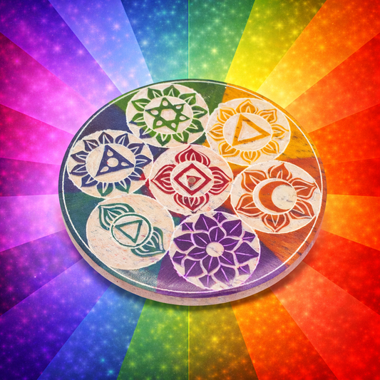 Räucherstäbchenhalter aus Speckstein – Sieben-Chakra-Scheibe