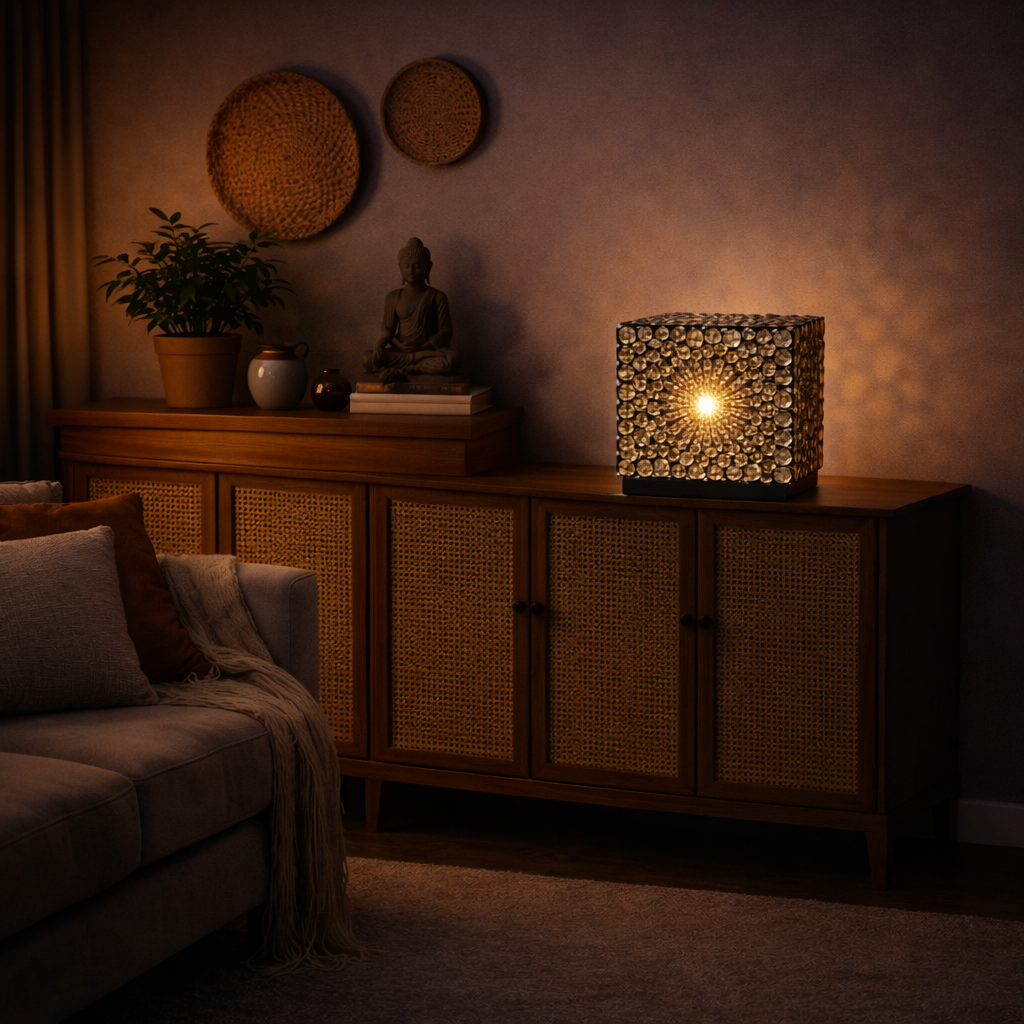 Boho-Muschellampe – Schokoladenbraunes Twist-Quadrat