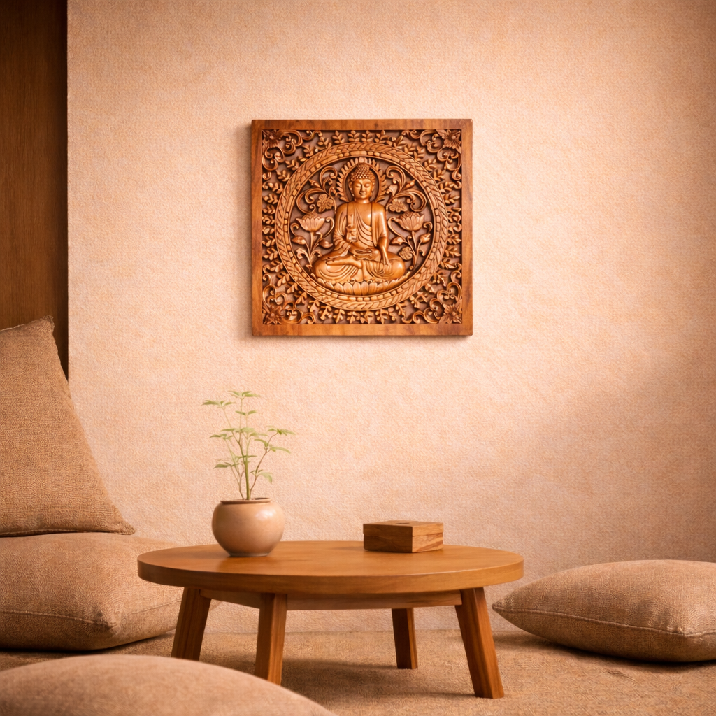 Quadratisches dekoratives Buddha-Holzpaneel