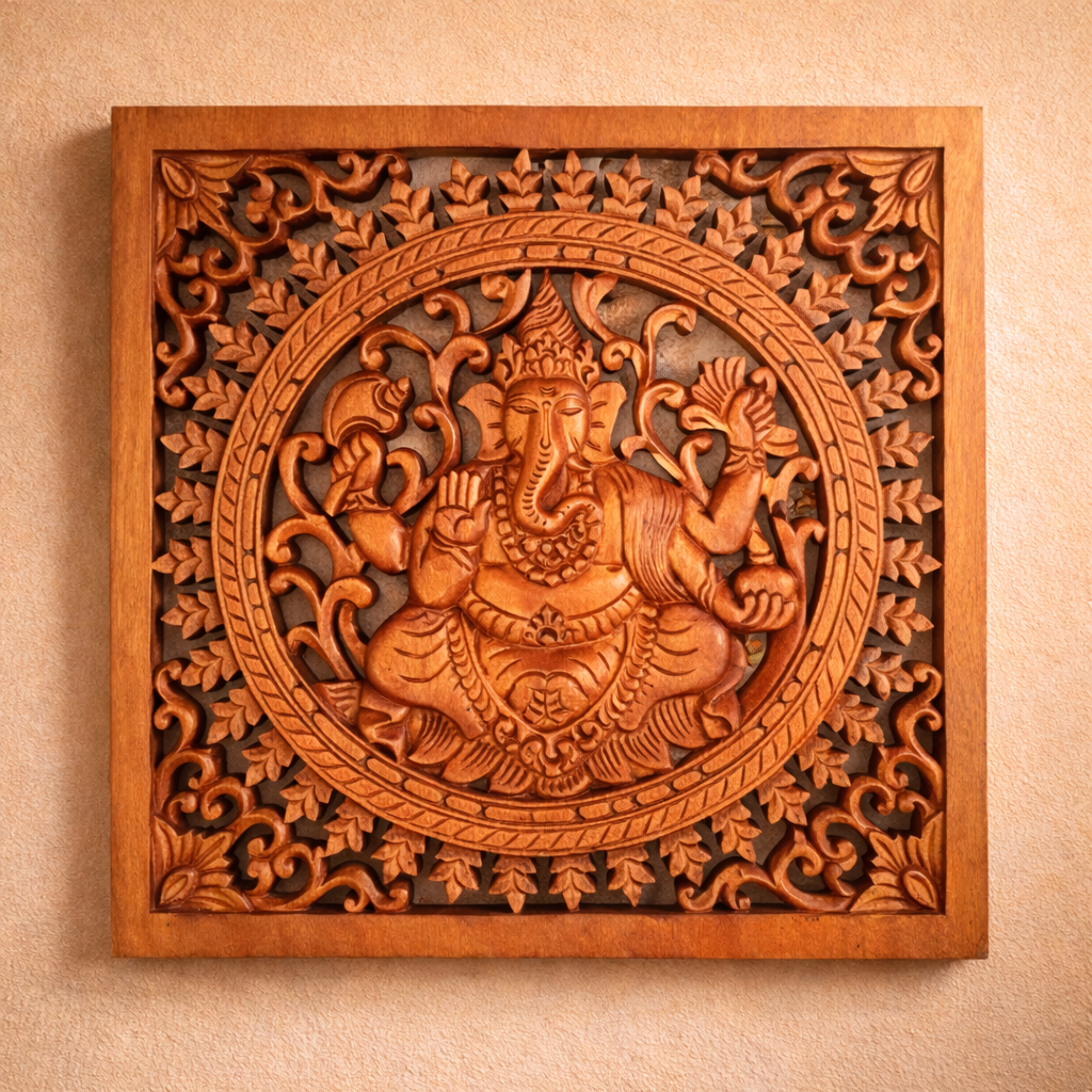 Quadratisches dekoratives Buddha-Ganesh-Paneel aus Holz