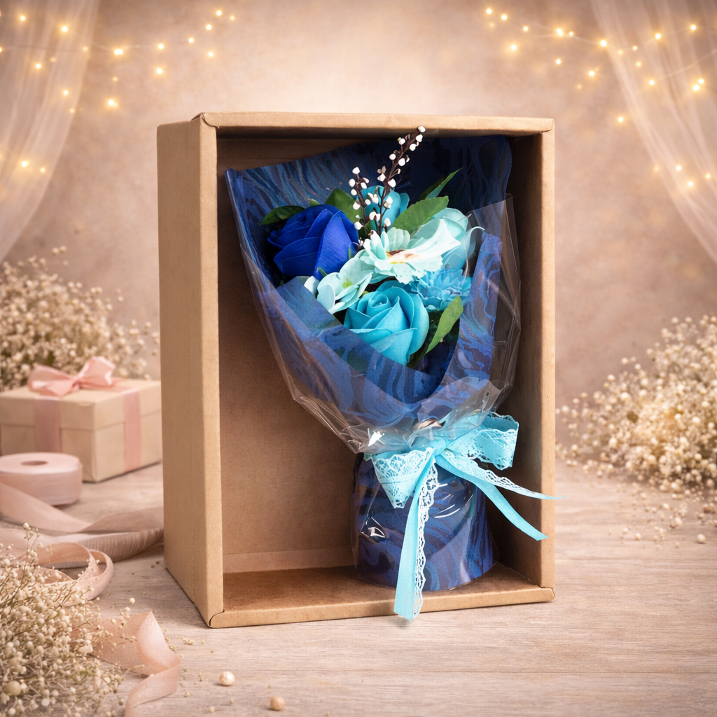 Handseifen-Blumenstrauß in einer Schachtel – Blau