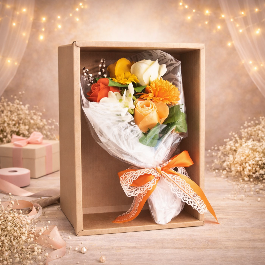 Handseifen-Blumenstrauß in einer Schachtel – Orange