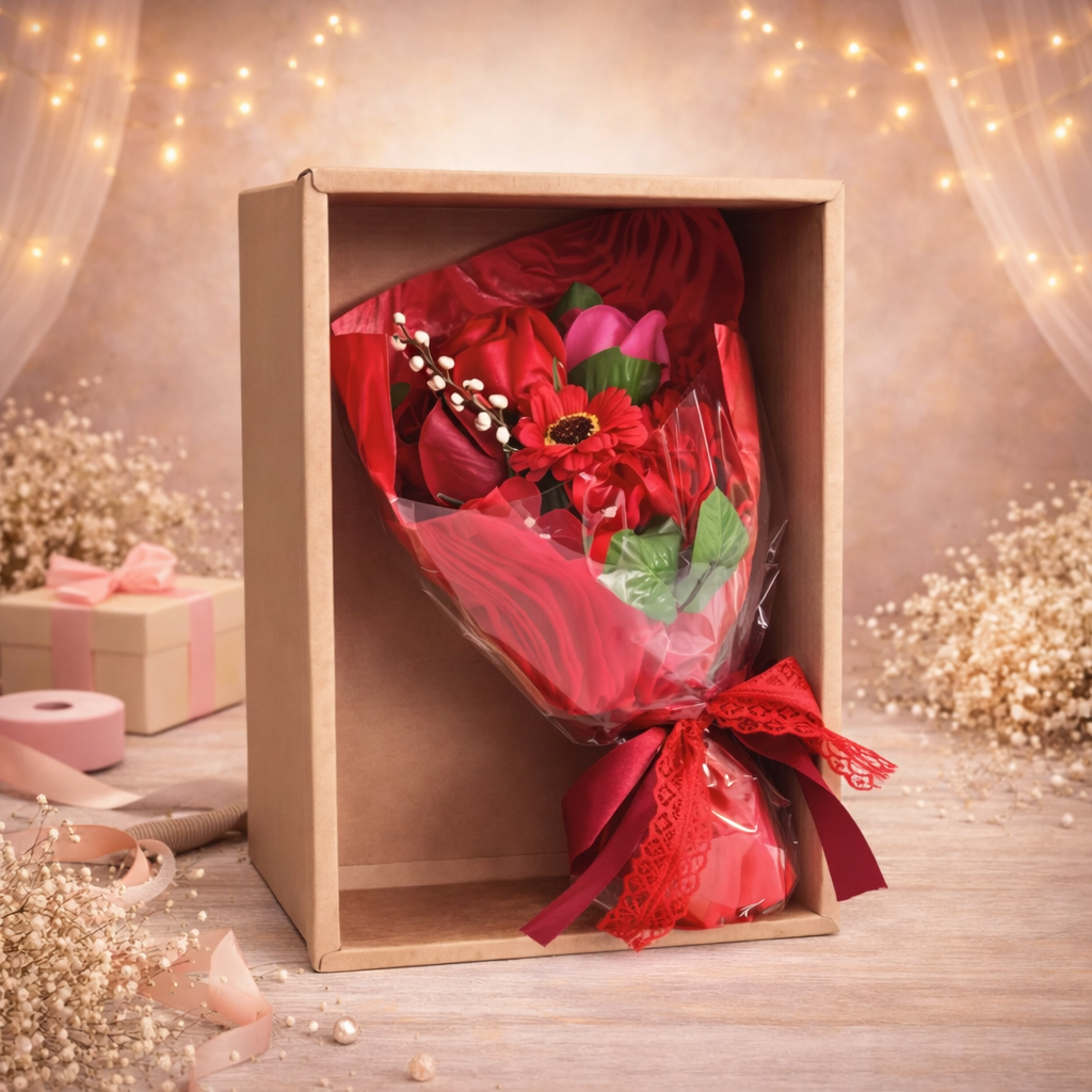 Handseifen-Blumenstrauß in einer Schachtel – Rot