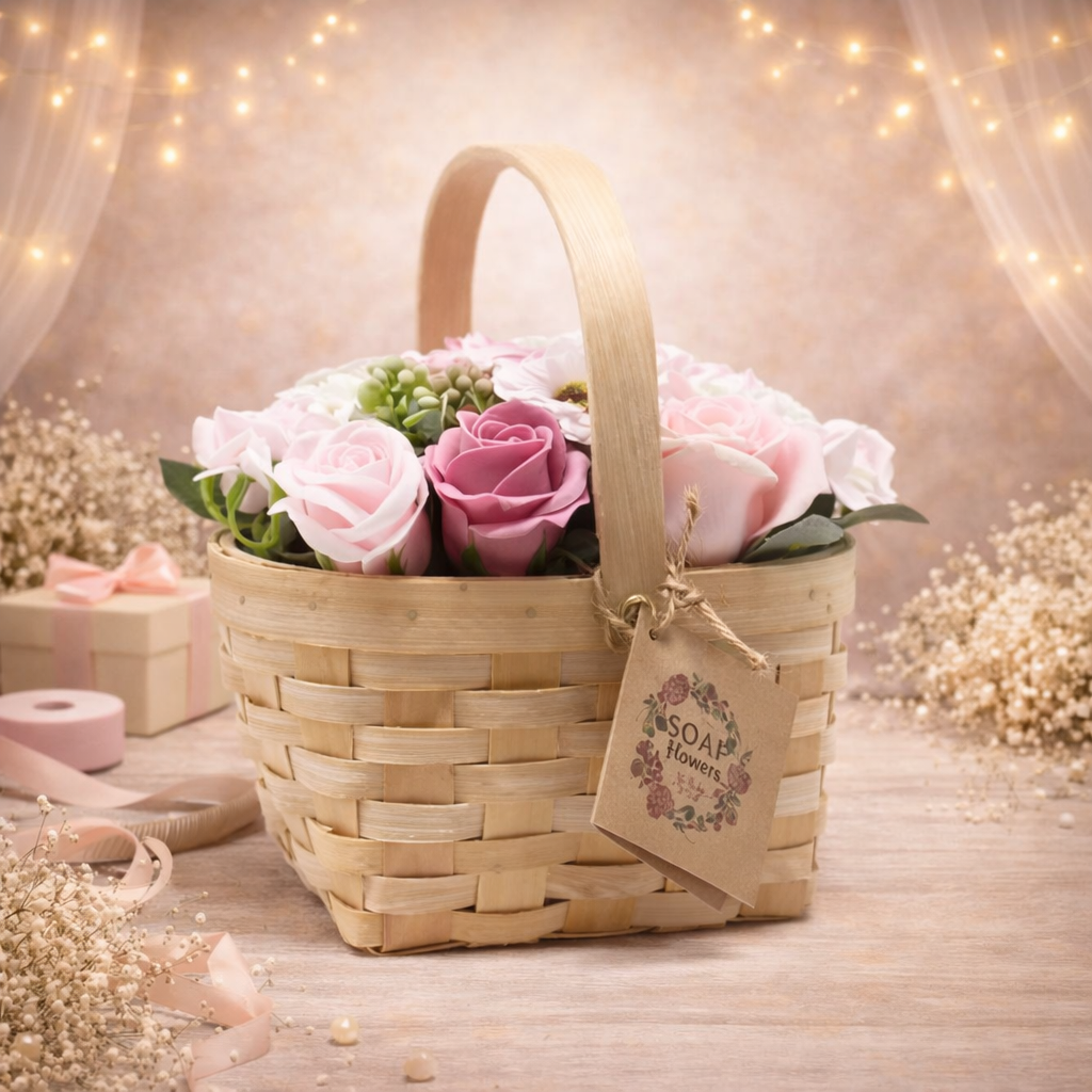 Großer rosa Blumenstrauß im Weidenkorb