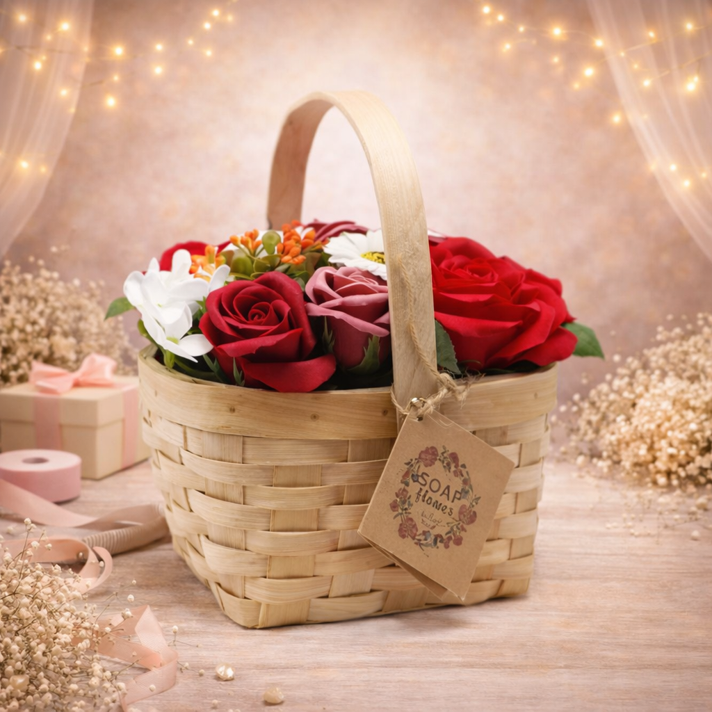 Großer roter Blumenstrauß im Weidenkorb