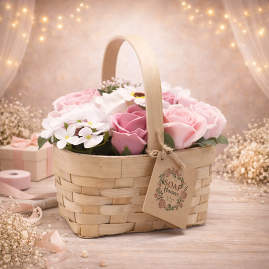 Mittelrosa Brautstrauß im Weidenkorb