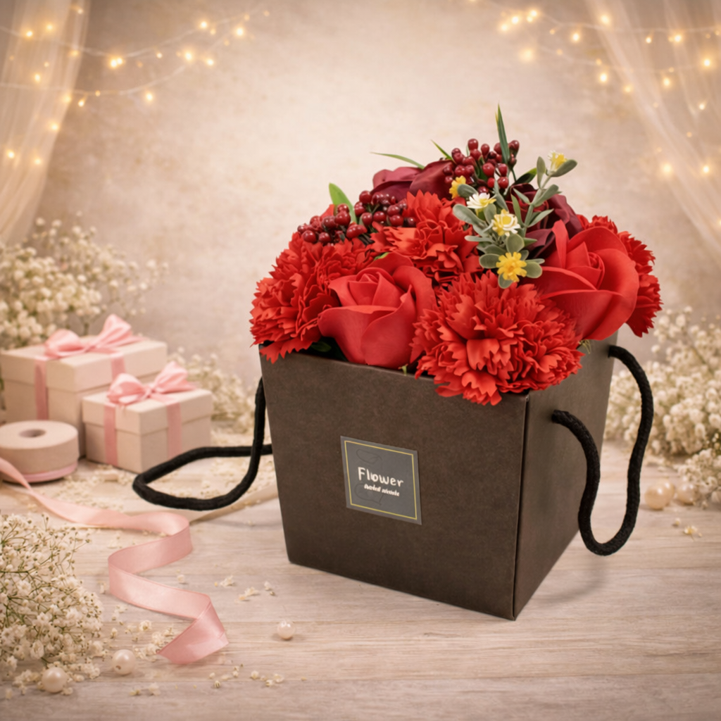 Seifenblumenstrauß – Rote Rose &amp; Nelke