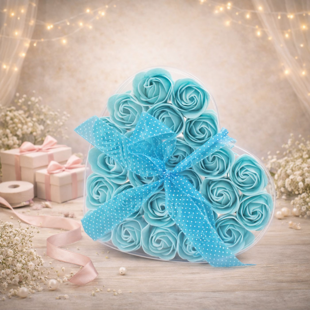 Set mit 24 Seifenblumen-Herzboxen – Blaue Rosen