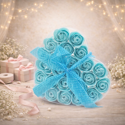 Set mit 24 Seifenblumen-Herzboxen – Blaue Rosen