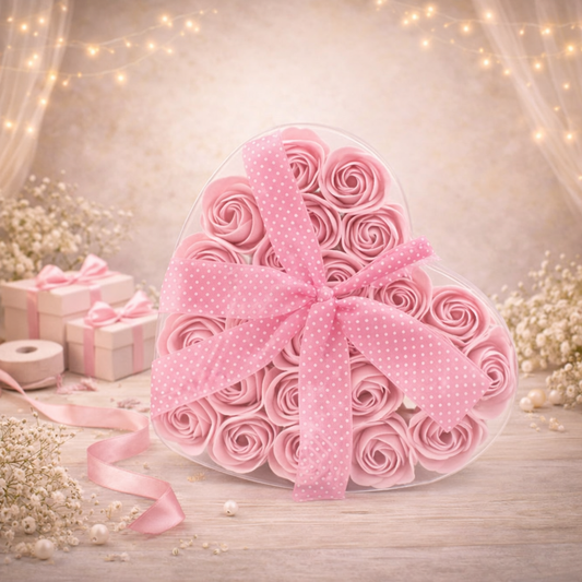 Set mit 24 Seifenblumen-Herzboxen – Rosa Rosen
