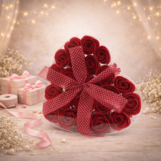 Set mit 24 Seifenblumen-Herzboxen – Rote Rosen