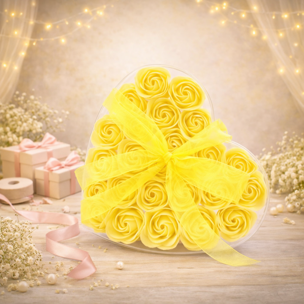 Set mit 24 Seifenblumen-Herzboxen – Gelbe Rosen