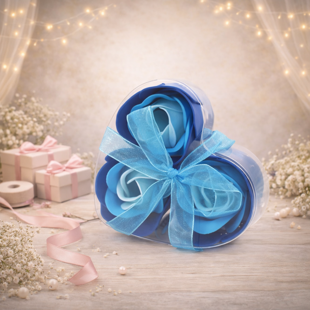 3er-Set Seifenblumen-Herzboxen – Blaue Hochzeitsrosen
