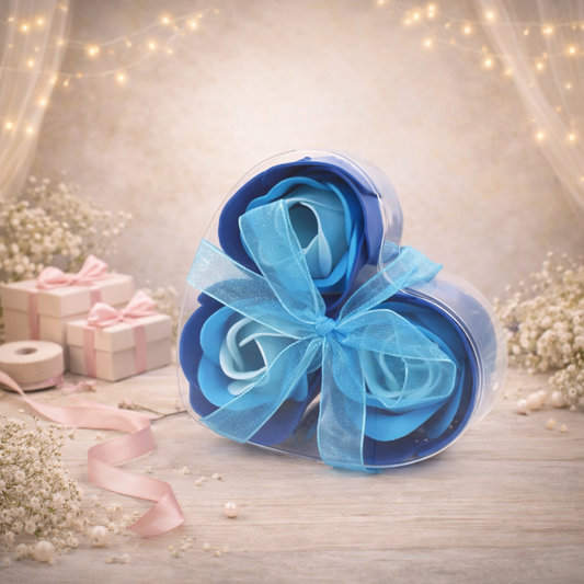 3er-Set Seifenblumen-Herzboxen – Blaue Hochzeitsrosen