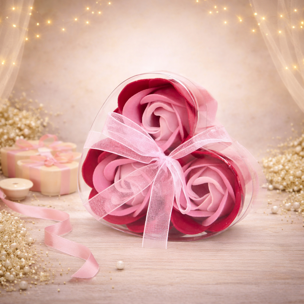 3er-Set Seifenblumen-Herzboxen – Rosa Rosen