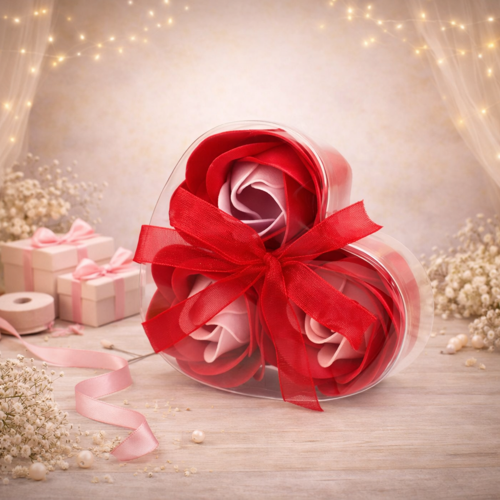 3er-Set Seifenblumen-Herzboxen – Rote Rosen