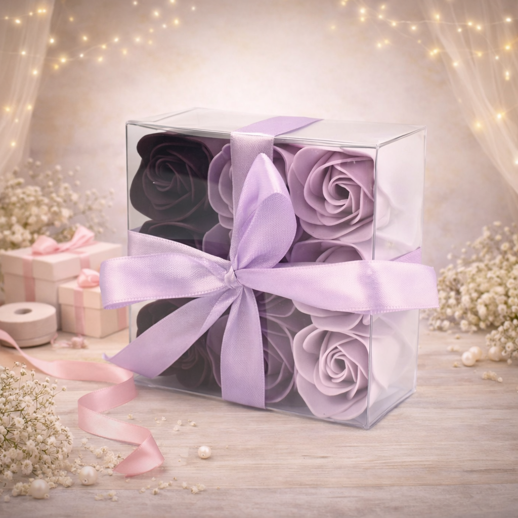 Set mit 9 Seifenblumen – Lavendelrosen