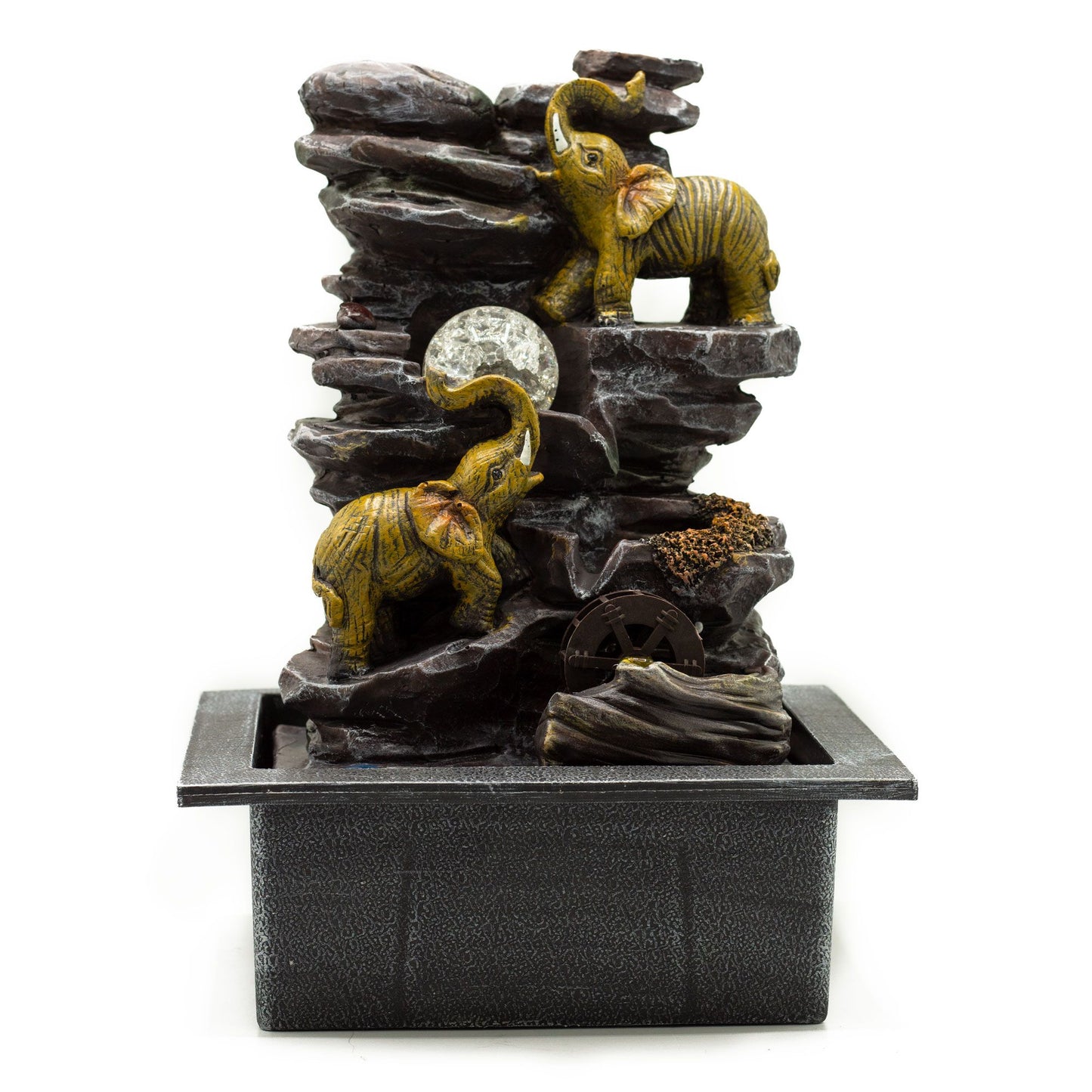 Tischbrunnen – 35 cm – Elefanten, Kristallkugel &amp; Wasserrad