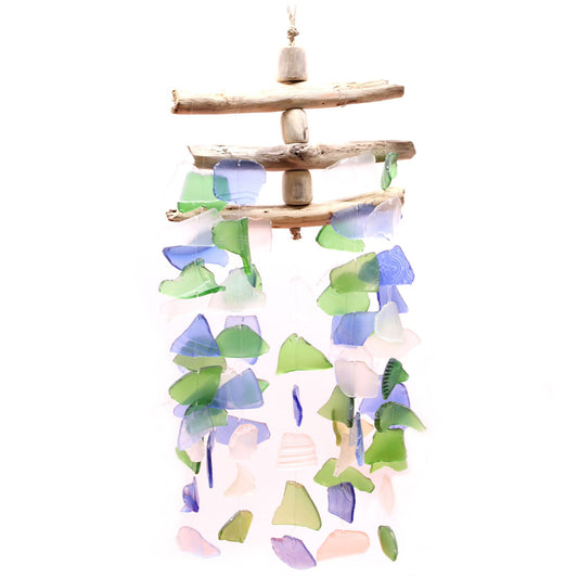 Handmade Glass & Driftwood Wind Chime – Three Stick Flexible
