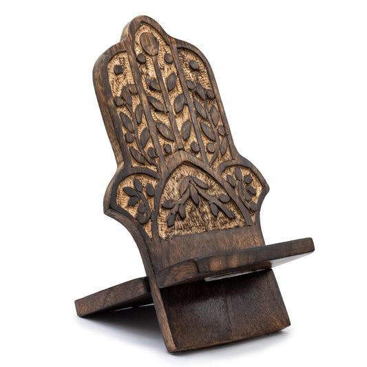 Geschnitzte Handyhalterungen aus Holz – Hamsa 20 x 9,5 cm
