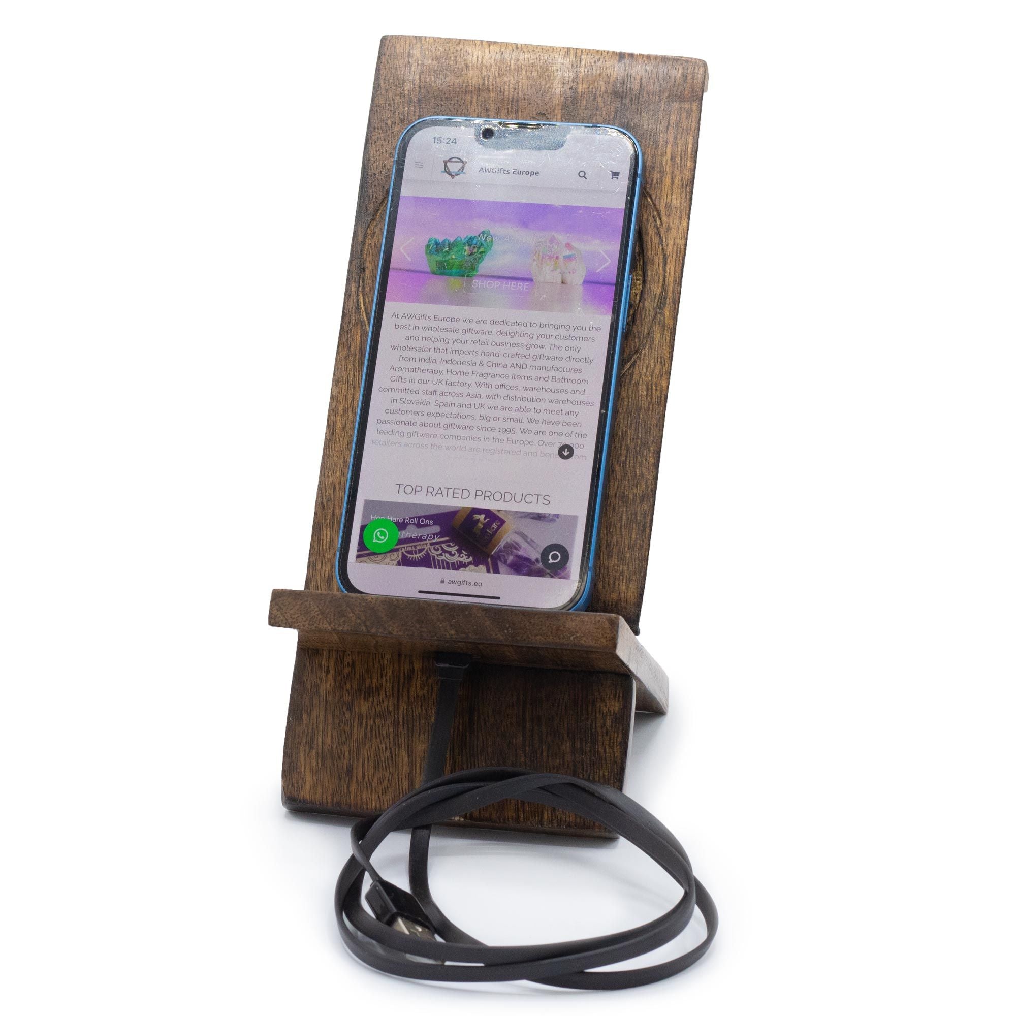 Handgemaakte Houten Telefoonhouder – Boeddha Design (ca. 20 x 9,5 cm)