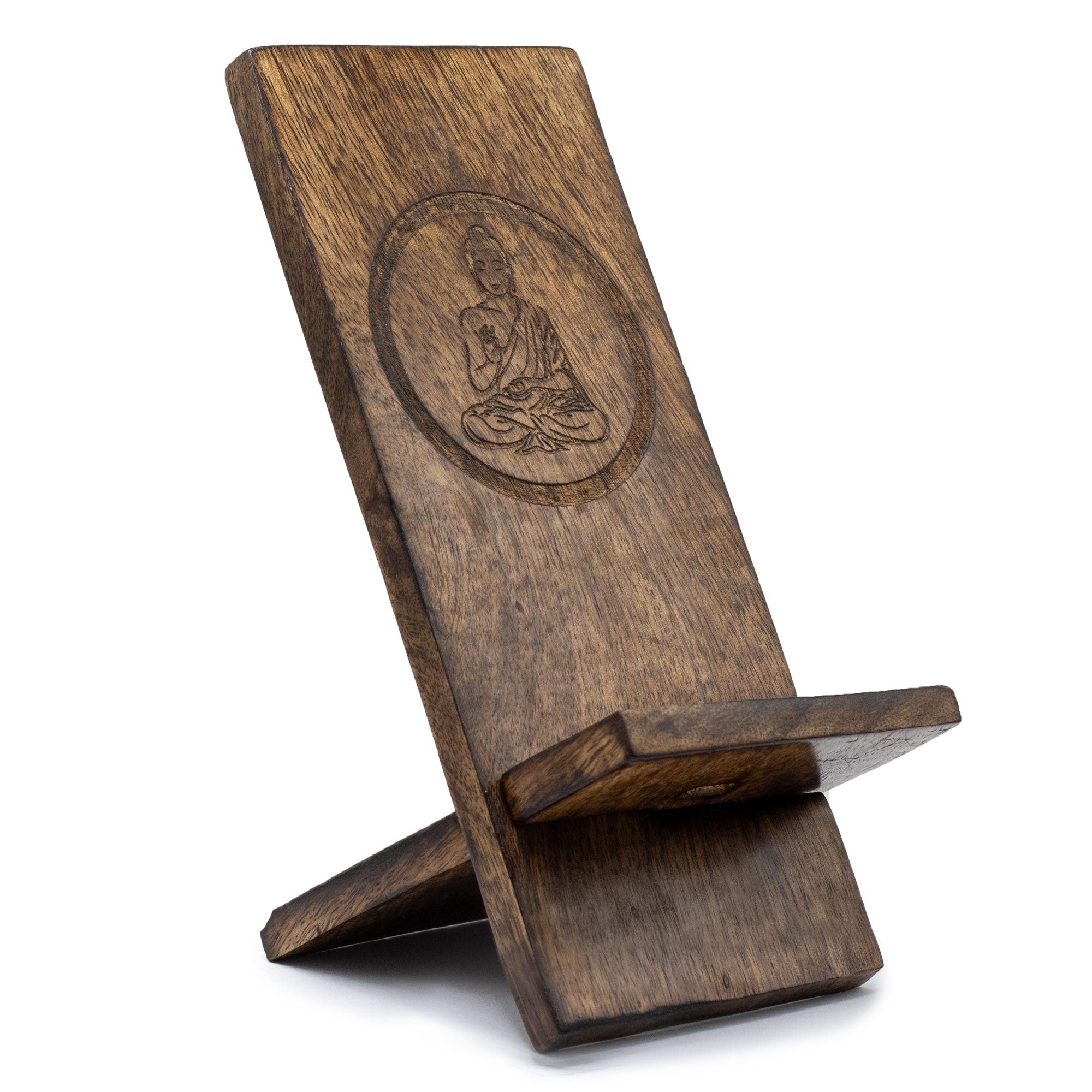 Handgemaakte Houten Telefoonhouder – Boeddha Design (ca. 20 x 9,5 cm)