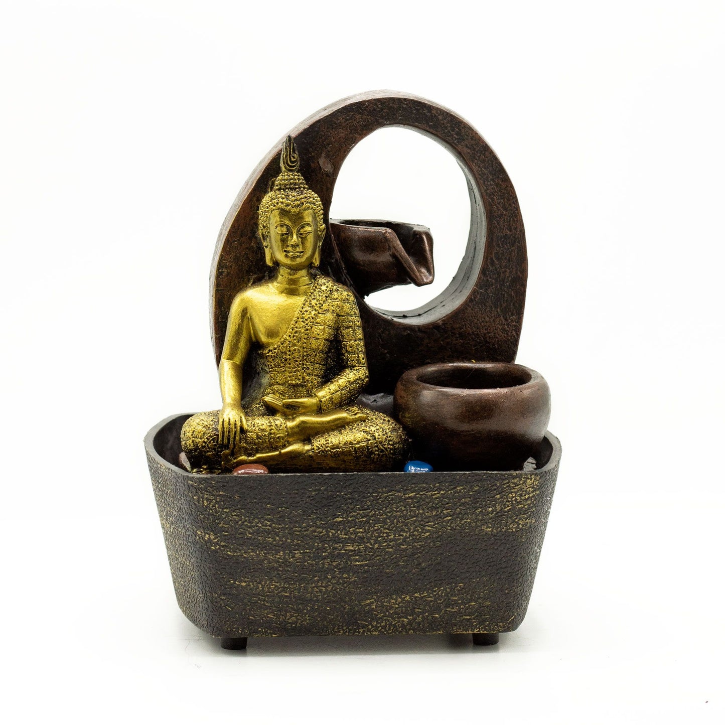 Tischbrunnen – 21,5 cm – Goldener Buddha &amp; Töpfe