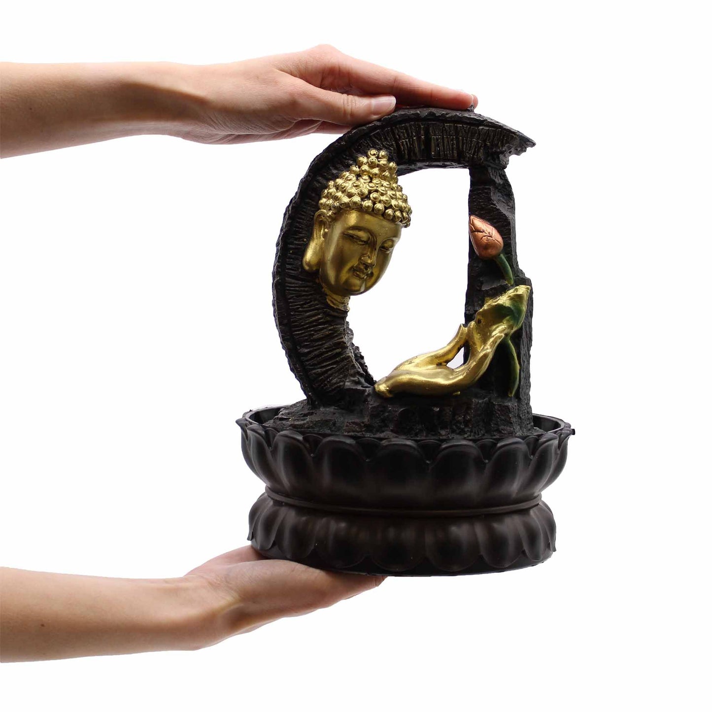 Tischbrunnen – Goldener Buddha &amp; Lotus (30 cm)