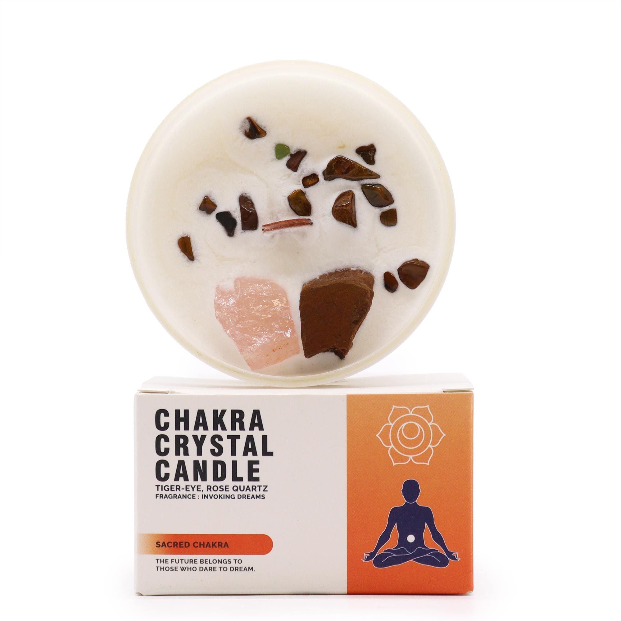 Sacral Chakra Crystal Candle – Tiger’s Eye & Rose Quartz | Invoking Dreams