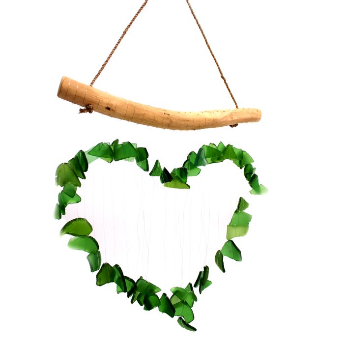 Handmade Glass & Driftwood Wind Chime – Green