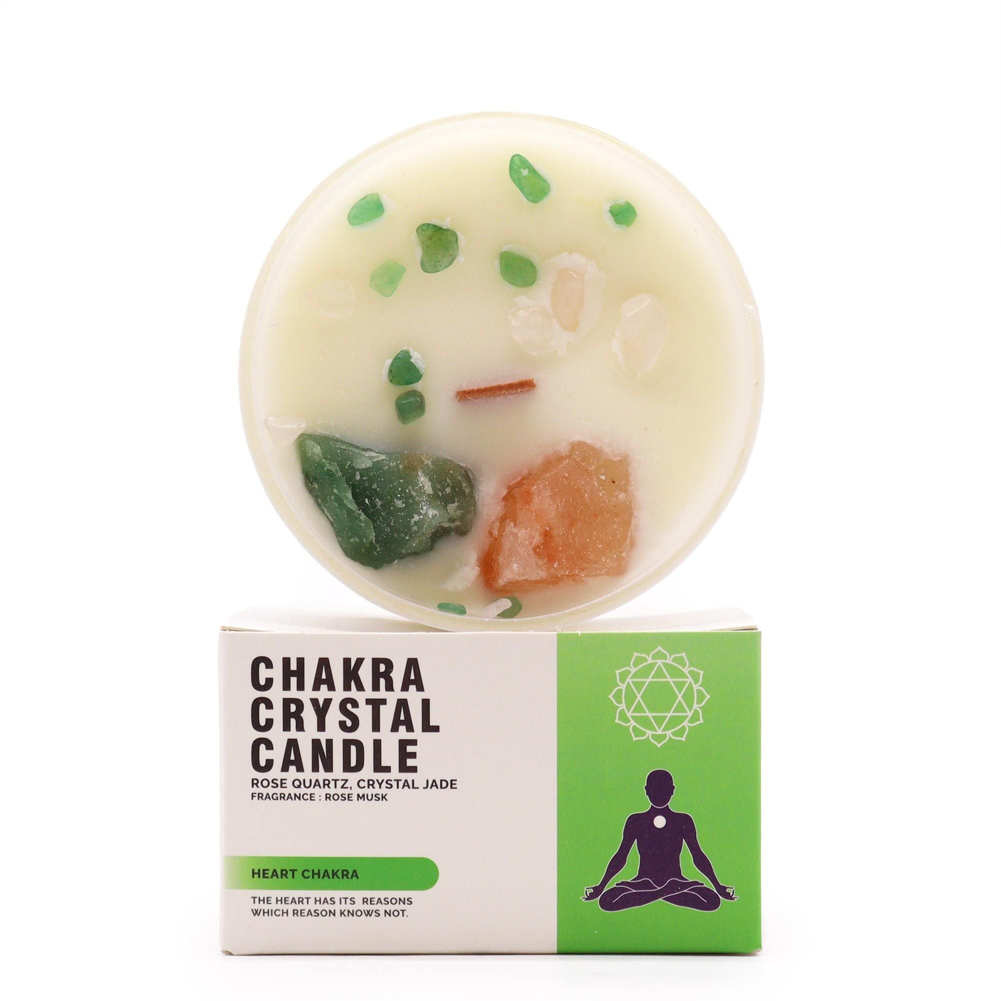 Heart Chakra Crystal Candle – Rose Quartz & Green Jade | Rose Musk